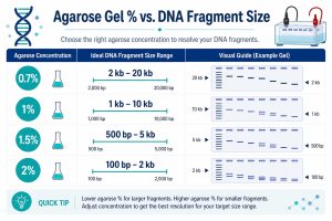 Agarose gel concentration reference chart for DNA fragment size ranges in electrophoresis