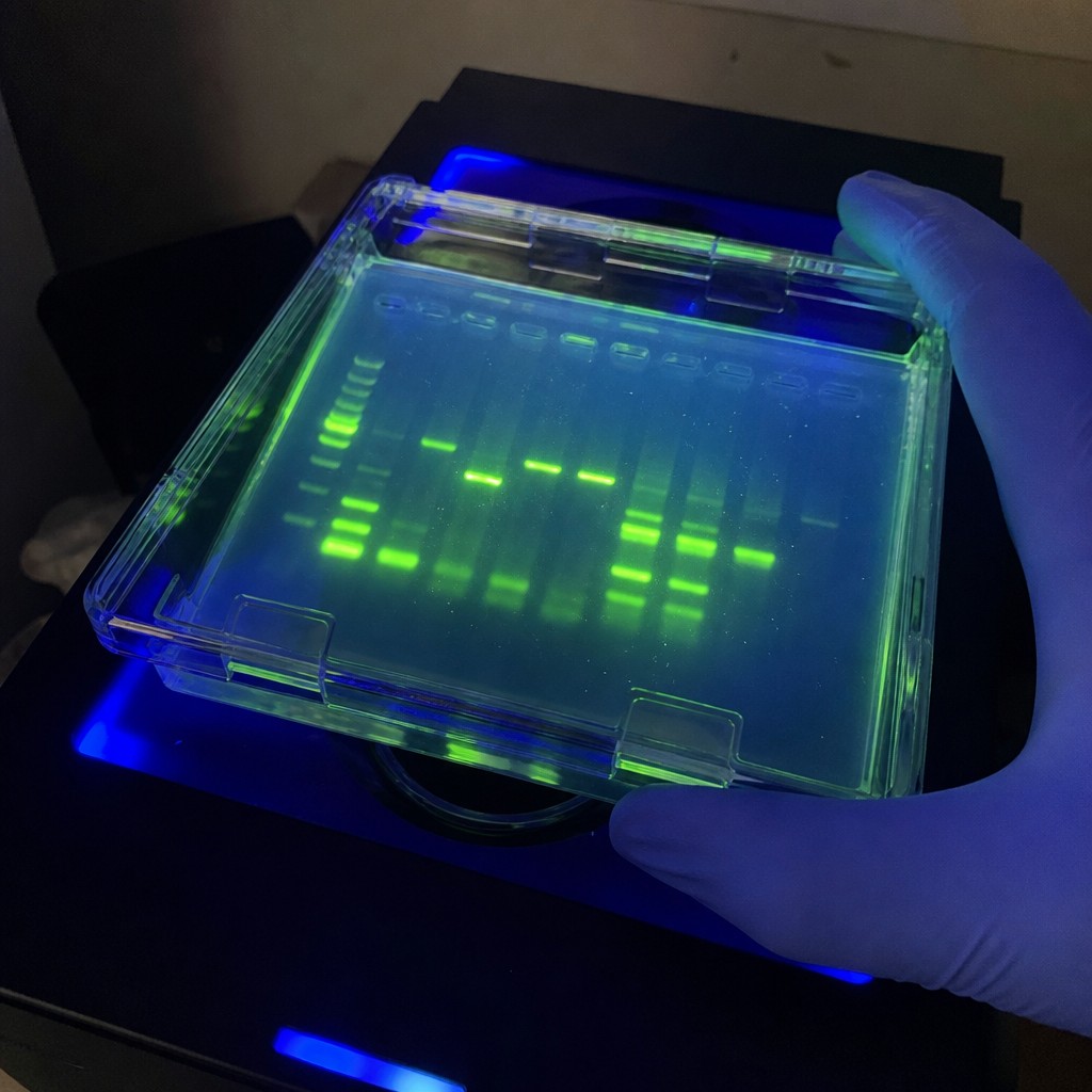 Agarose gel staining and imaging under blue LED transilluminator