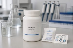 Sealed agarose powder bottle with desiccant for humidity-controlled laboratory storage