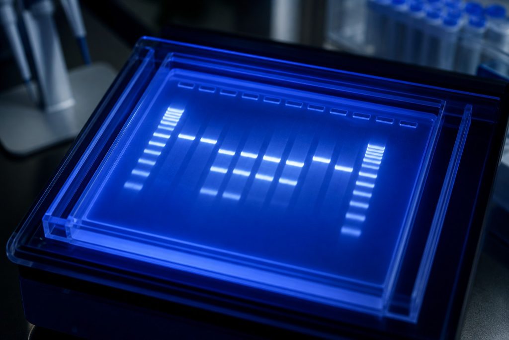 DNA bands on agarose gel under blue light illustrating sharp electrophoresis separation