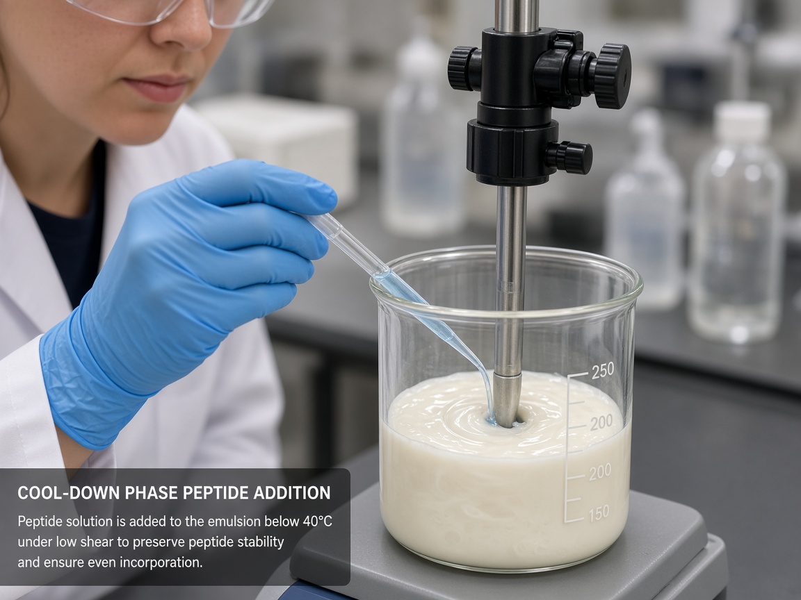 Adding Syn-Ake peptide during cool-down phase in cosmetic formulation lab